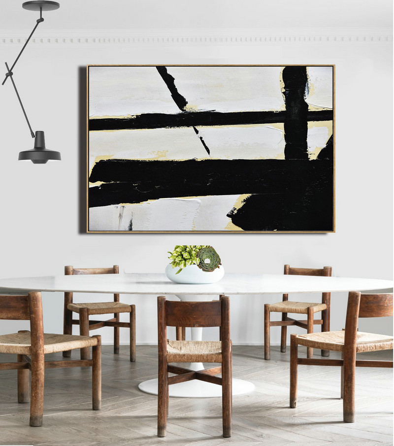 Large Wall Art Home Decor,Horizontal Palette Knife Minimal Canvas Art Painting Black White Beige - Acrylic Painting Large Wall Art